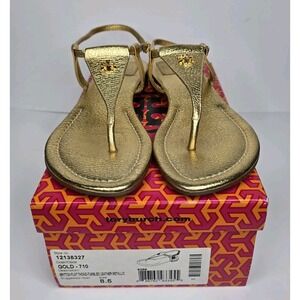 Tory Burch Britton Flat Thong Metallic Gold Tumbled Leather Sandals 8.5 12138327